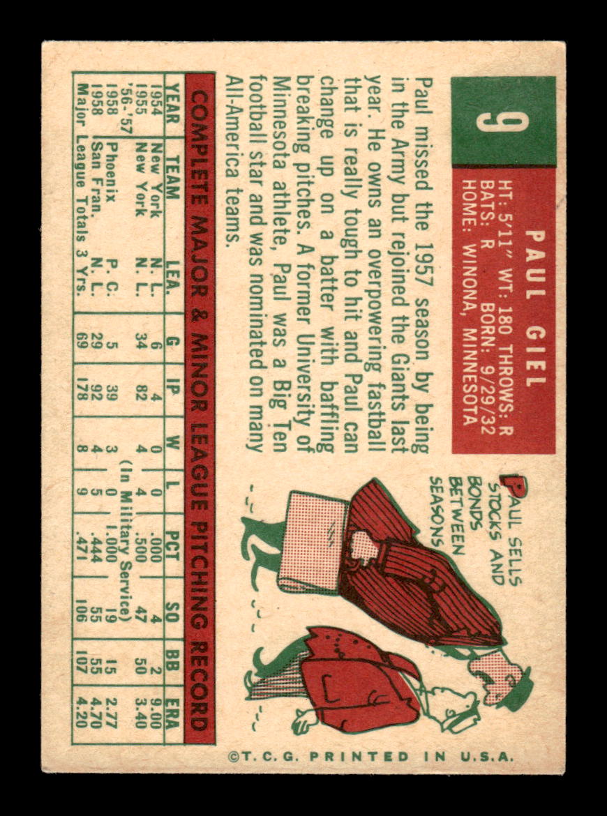1959 Topps #9 Paul Giel San Francisco Giants EX KC10009069