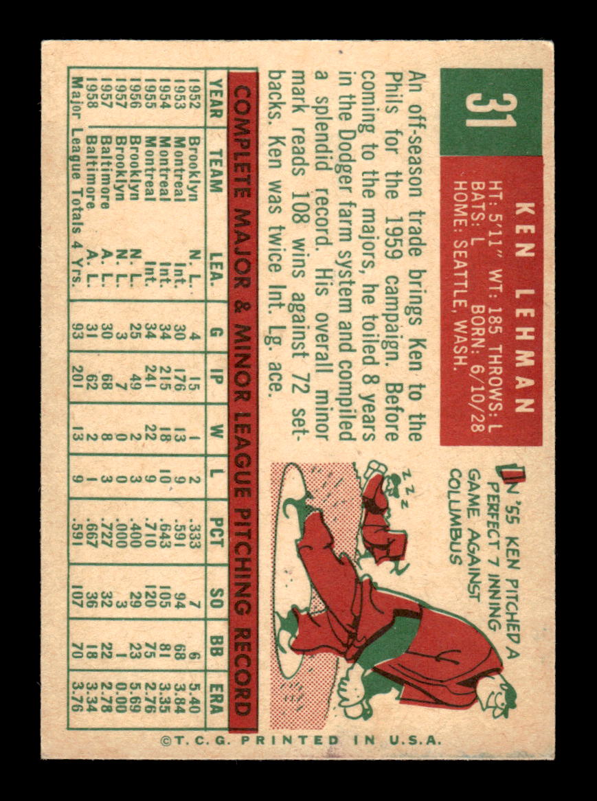 1959 Topps #31 Ken Lehman Philadelphia Phillies EXMT KC10009090