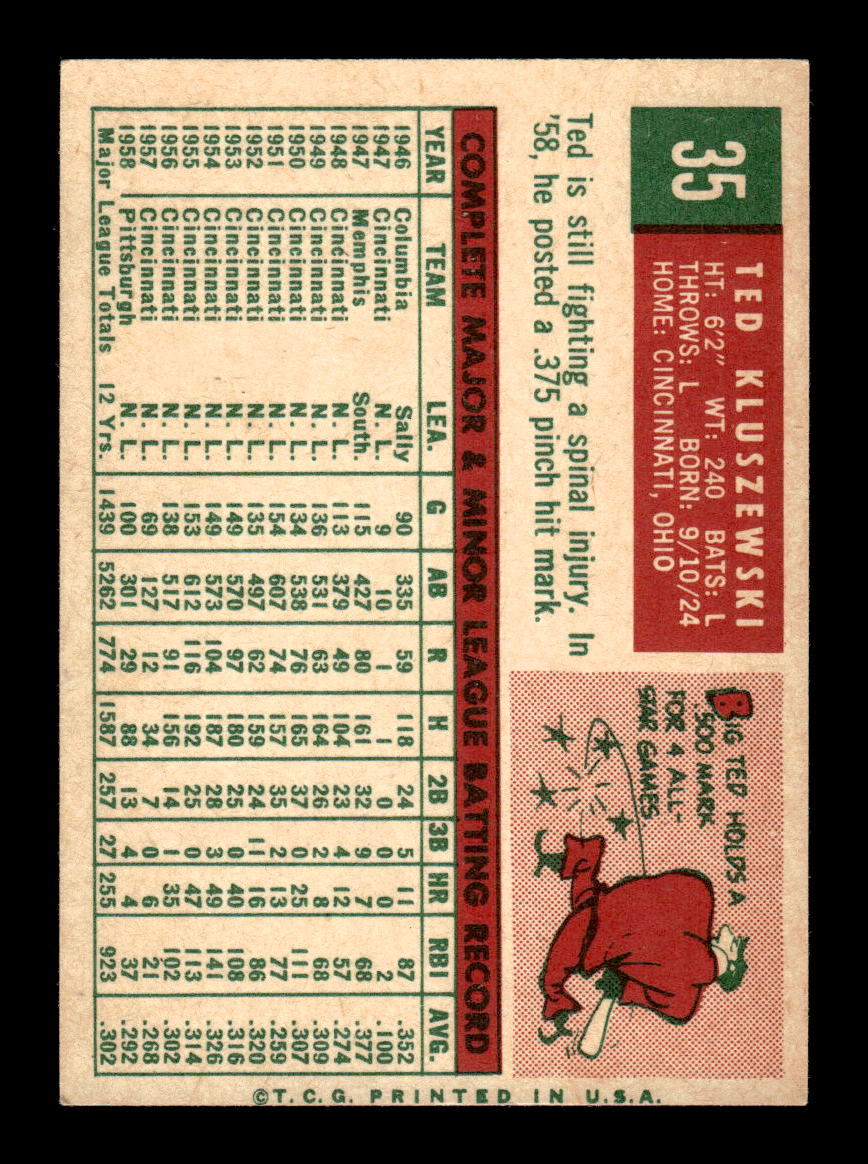 1959 Topps #35 Ted Kluszewski Pittsburgh Pirates NMT KC10009094
