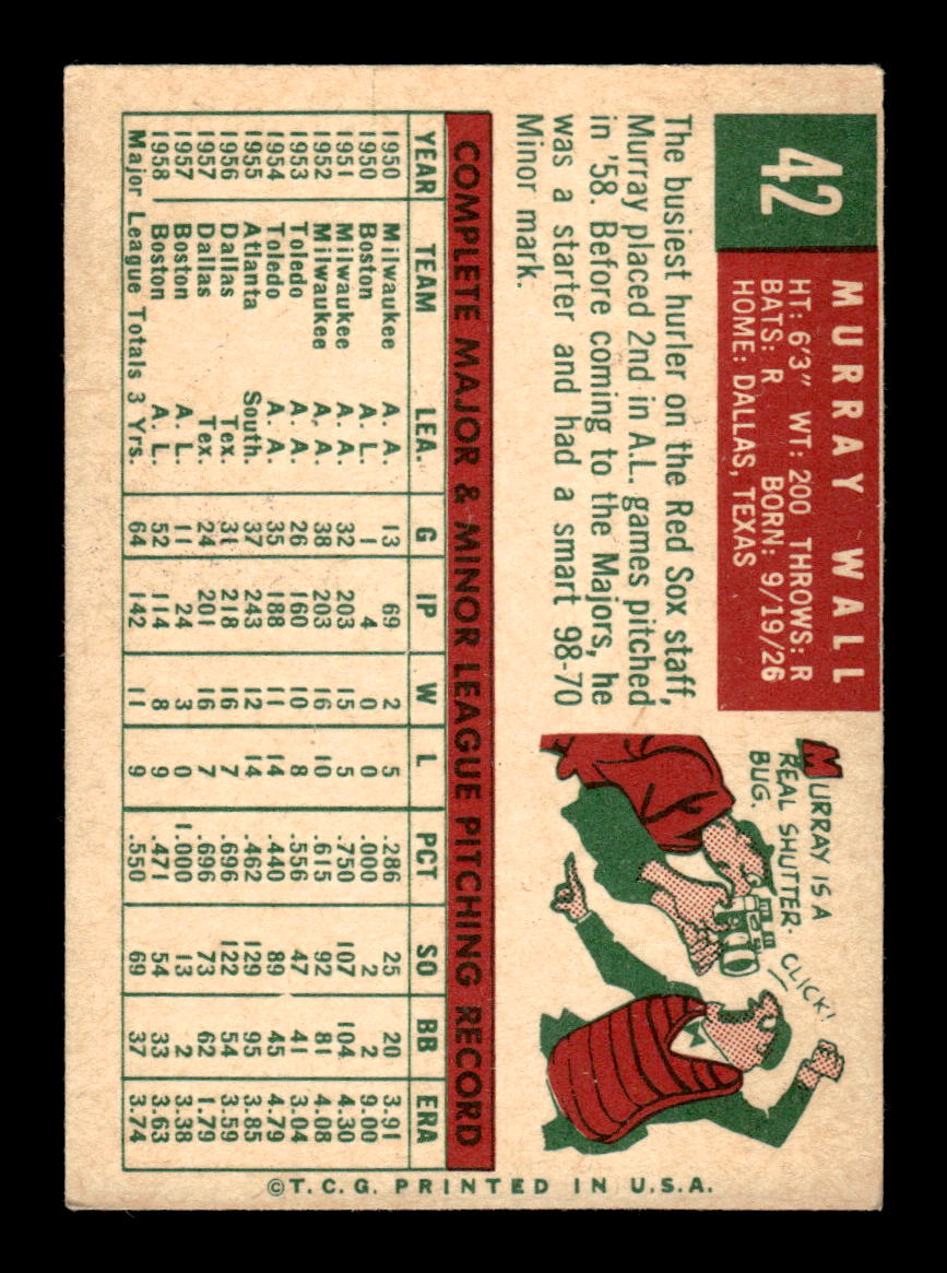 1959 Topps #42 Murray Wall Boston Red Sox EXMT KC10009101