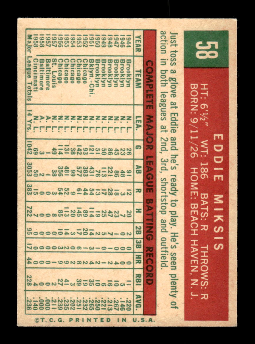 1959 Topps #58 Eddie Miksis Cincinnati Redlegs EXMT KC10009115