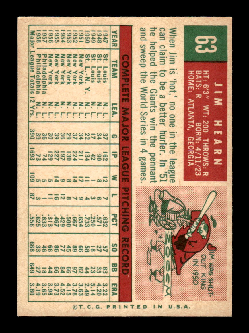 1959 Topps #63 Jim Hearn Philadelphia Phillies EXMT KC10009120