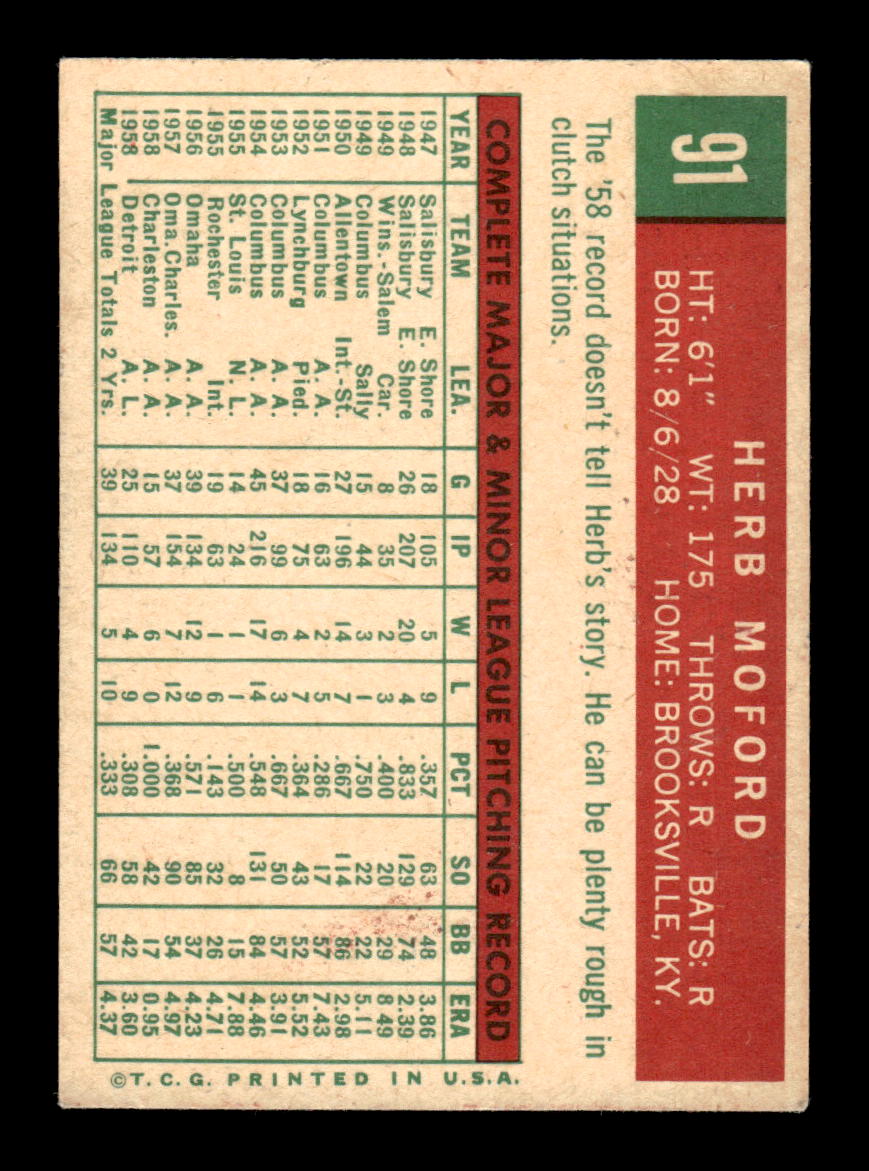 1959 Topps #91 Herb Moford Boston Red Sox EXMT KC10009144