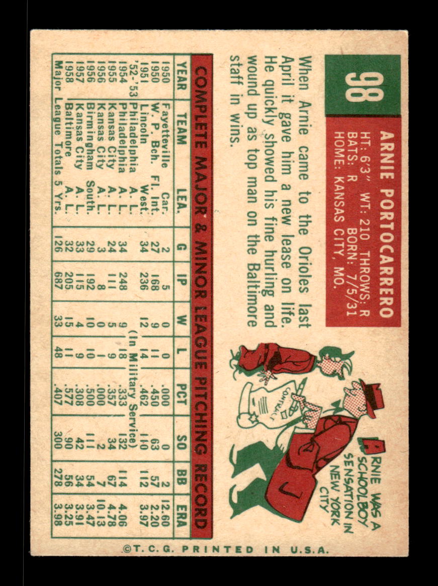 1959 Topps #98 Arnie Portocarrero Baltimore Orioles EXMT KC10009150