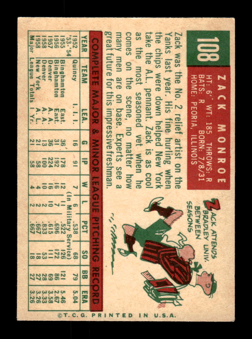 1959 Topps #108 Zack Monroe New York Yankees EXMT KC10009157