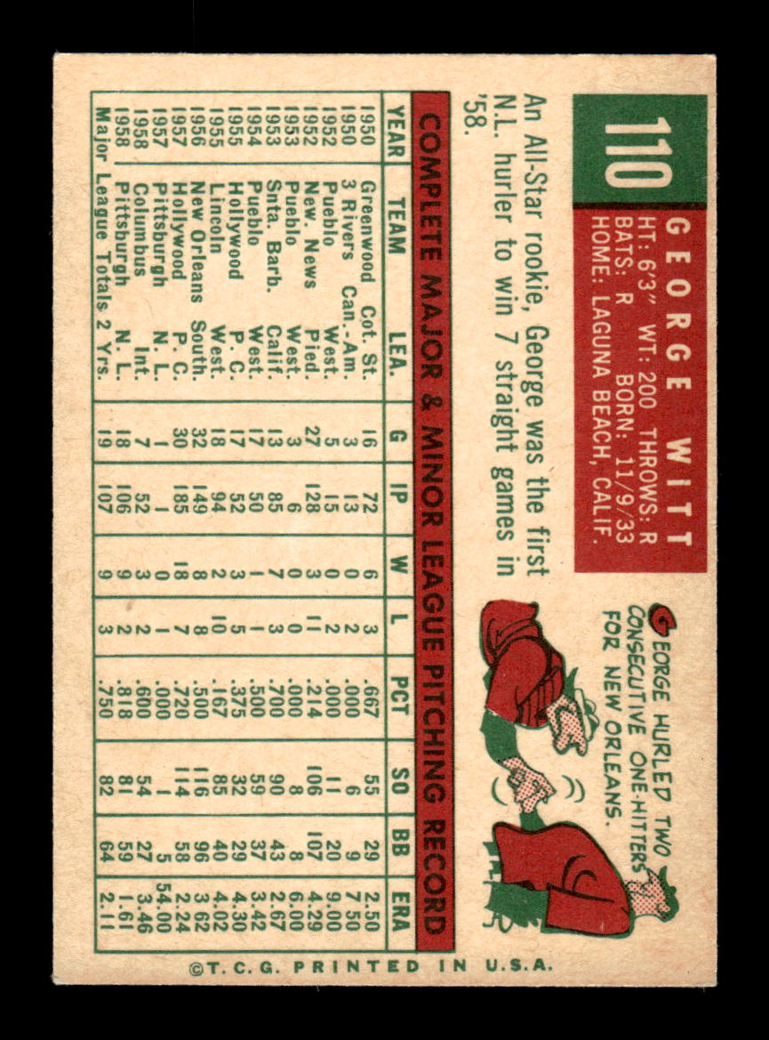 1959 Topps #110 George Witt Pittsburgh Pirates NMT KC10009159