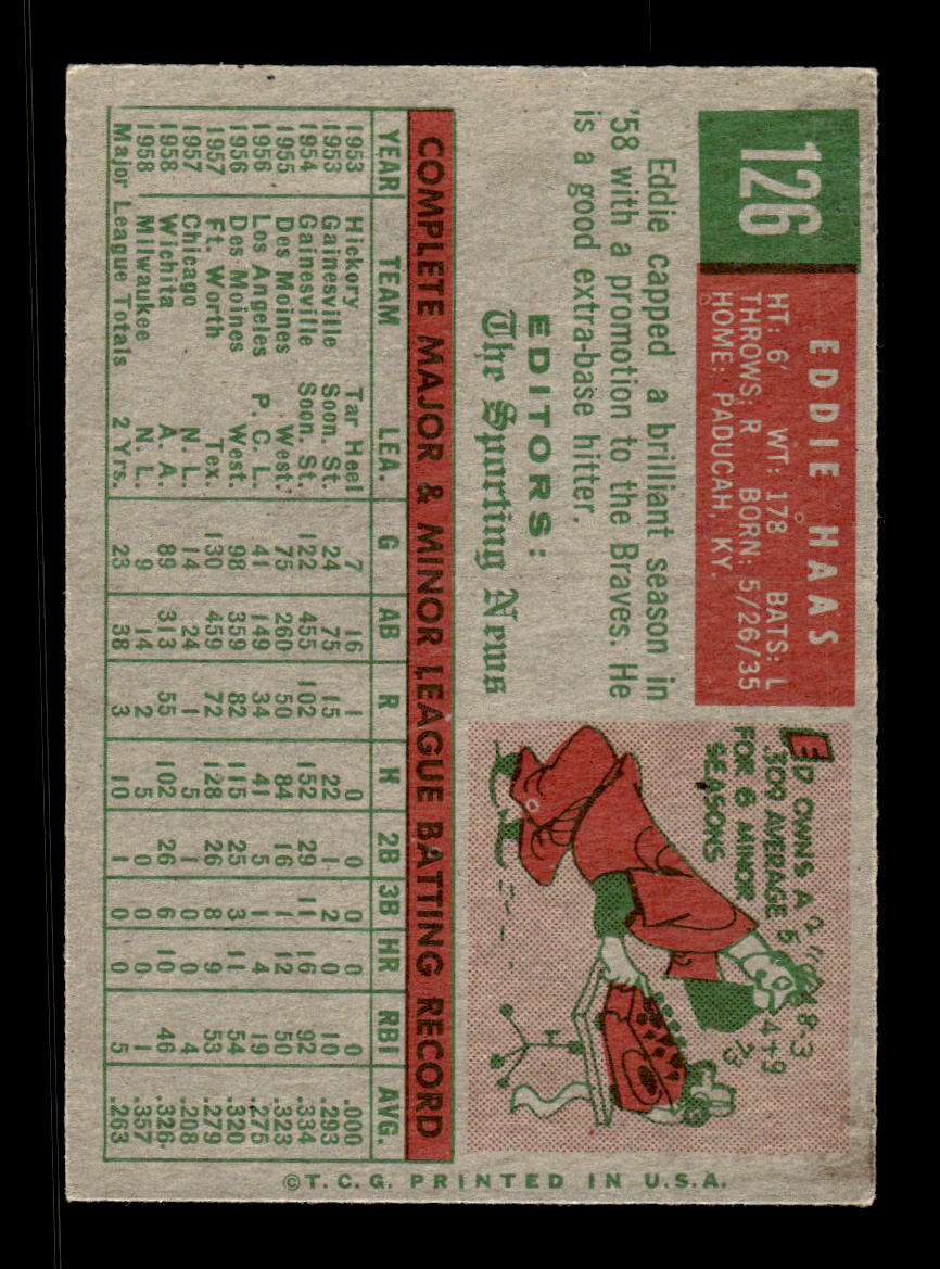 1959 Topps #126 Eddie Haas Milwaukee Braves EXMT KC10009175