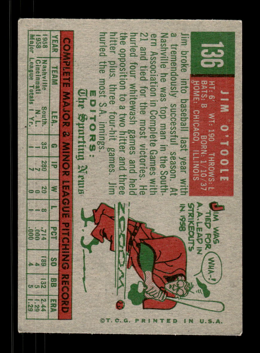 1959 Topps #136 Jim O'Toole Cincinnati Redlegs EXMT KC10009185