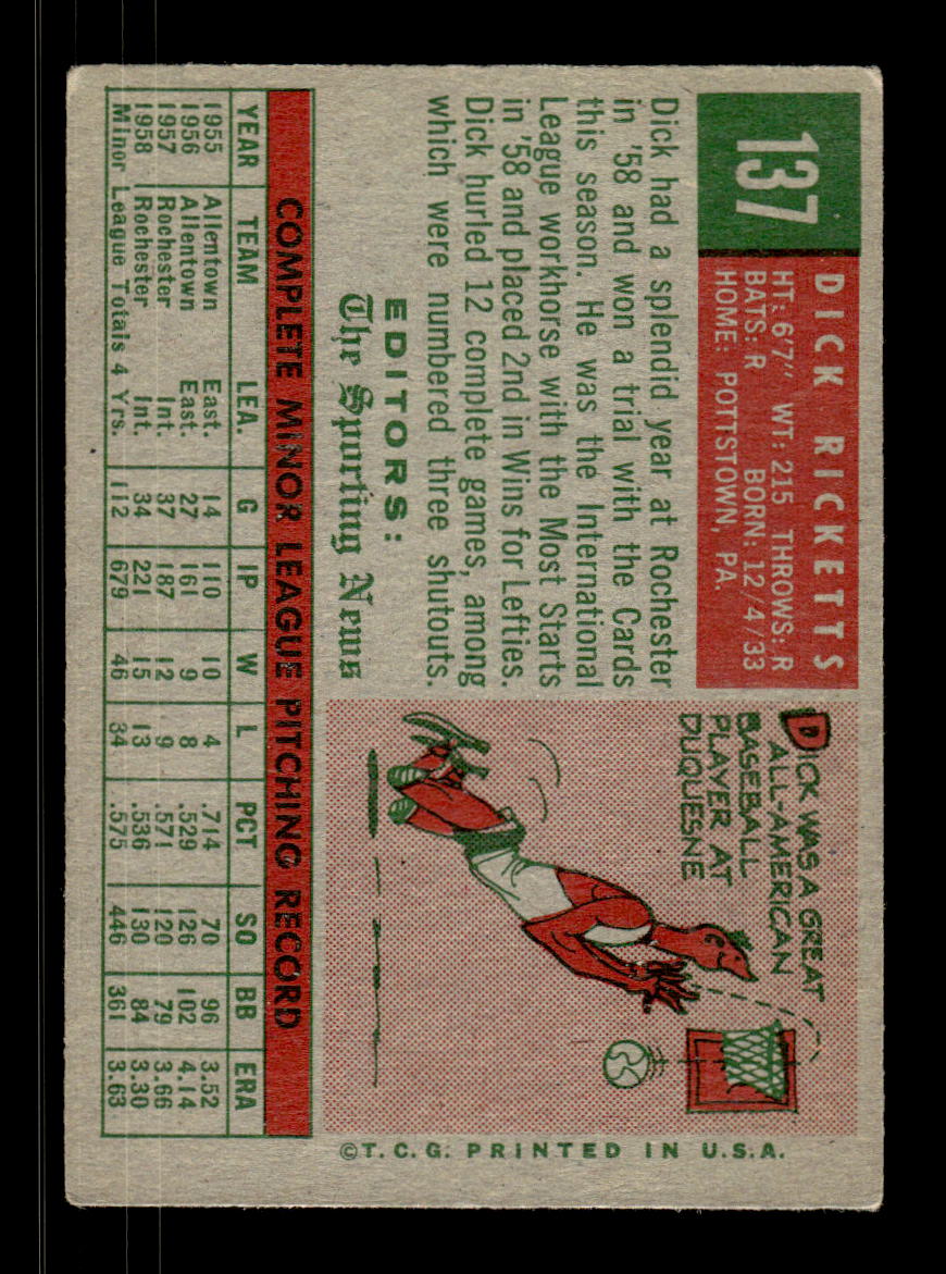 1959 Topps #137 Dick Ricketts St. Louis Cardinals EXMT KC10009186