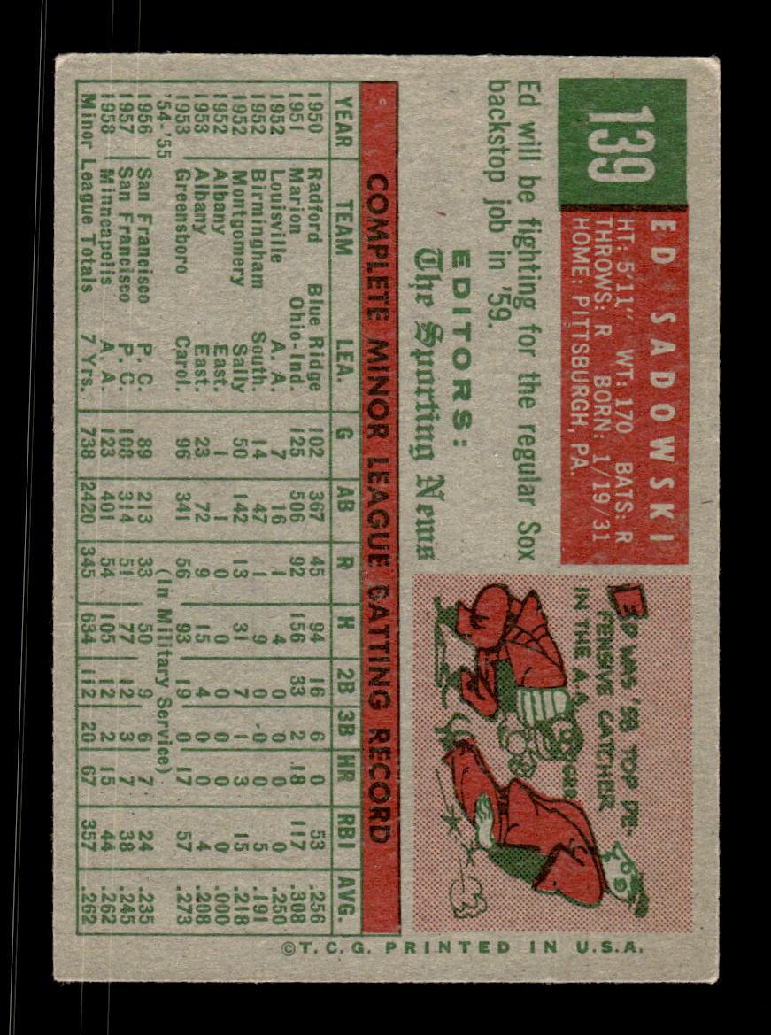 1959 Topps #139 Ed Sadowski Boston Red Sox EXMT KC10009188
