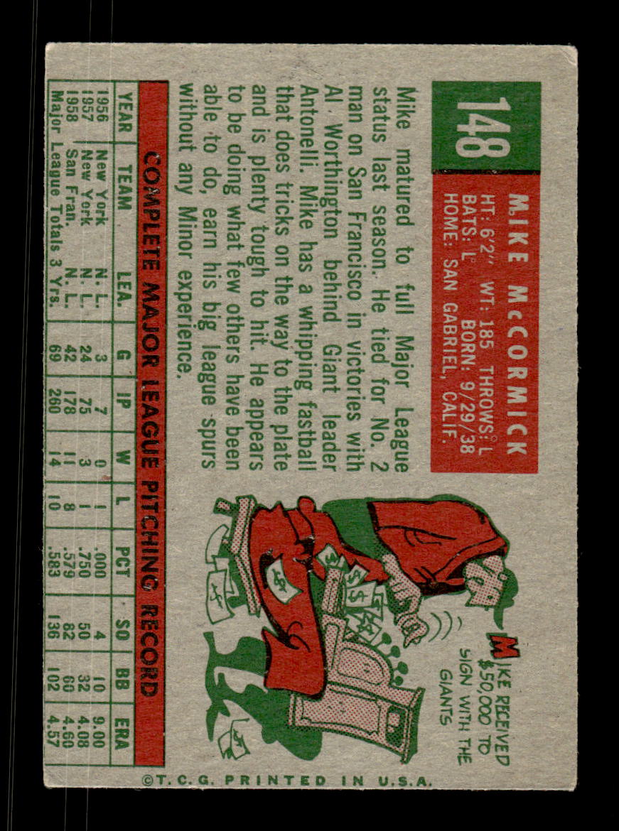 1959 Topps #148 Mike McCormick San Francisco Giants VG KC10009197