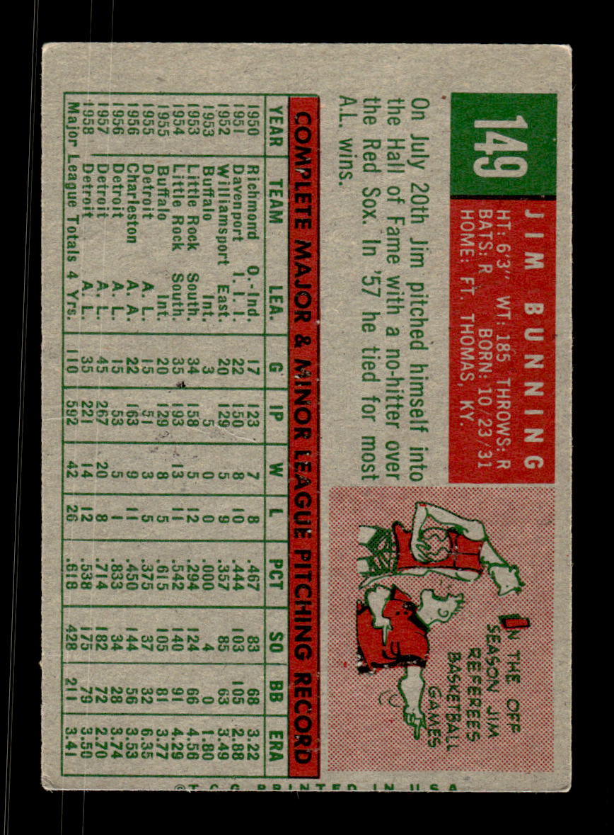 1959 Topps #149 Jim Bunning Detroit Tigers EX KC10009198