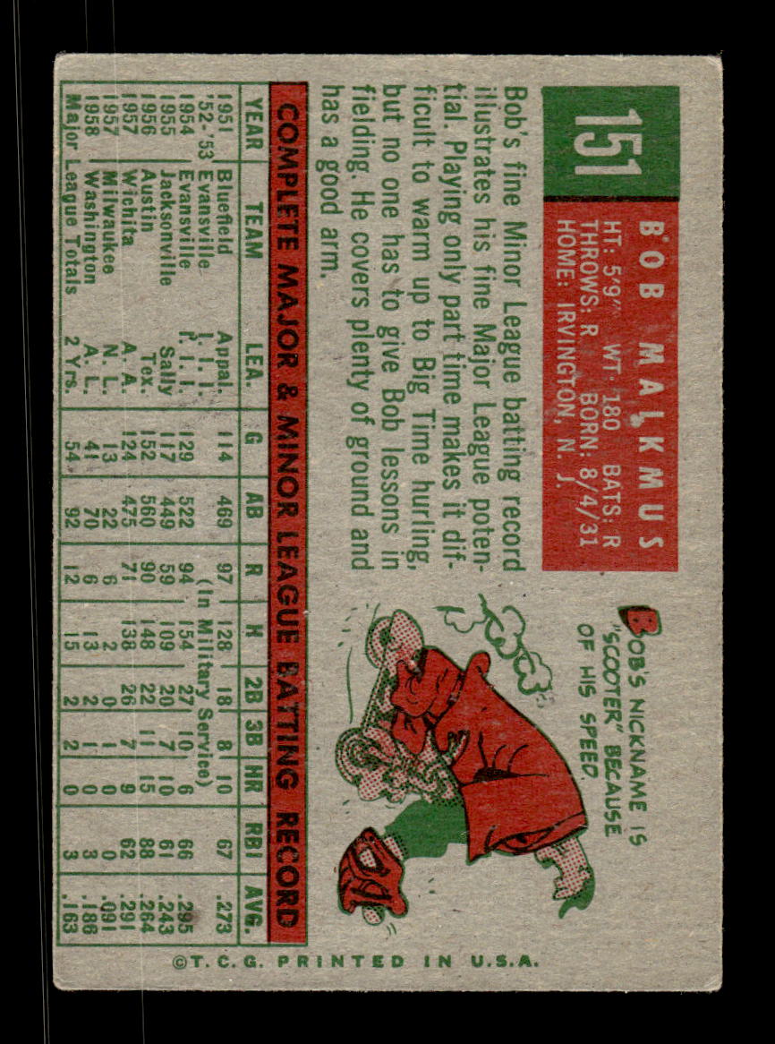1959 Topps #151 Bob Malkmus Washington Senators EX KC10009199