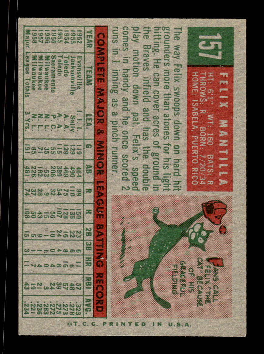 1959 Topps #157 Felix Mantilla Milwaukee Braves EXMT KC10009204