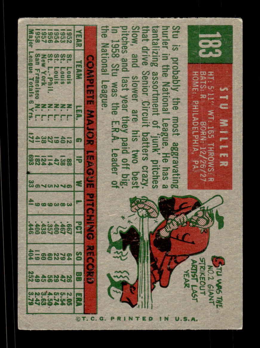 1959 Topps #183 Stu Miller San Francisco Giants EXMT KC10009225