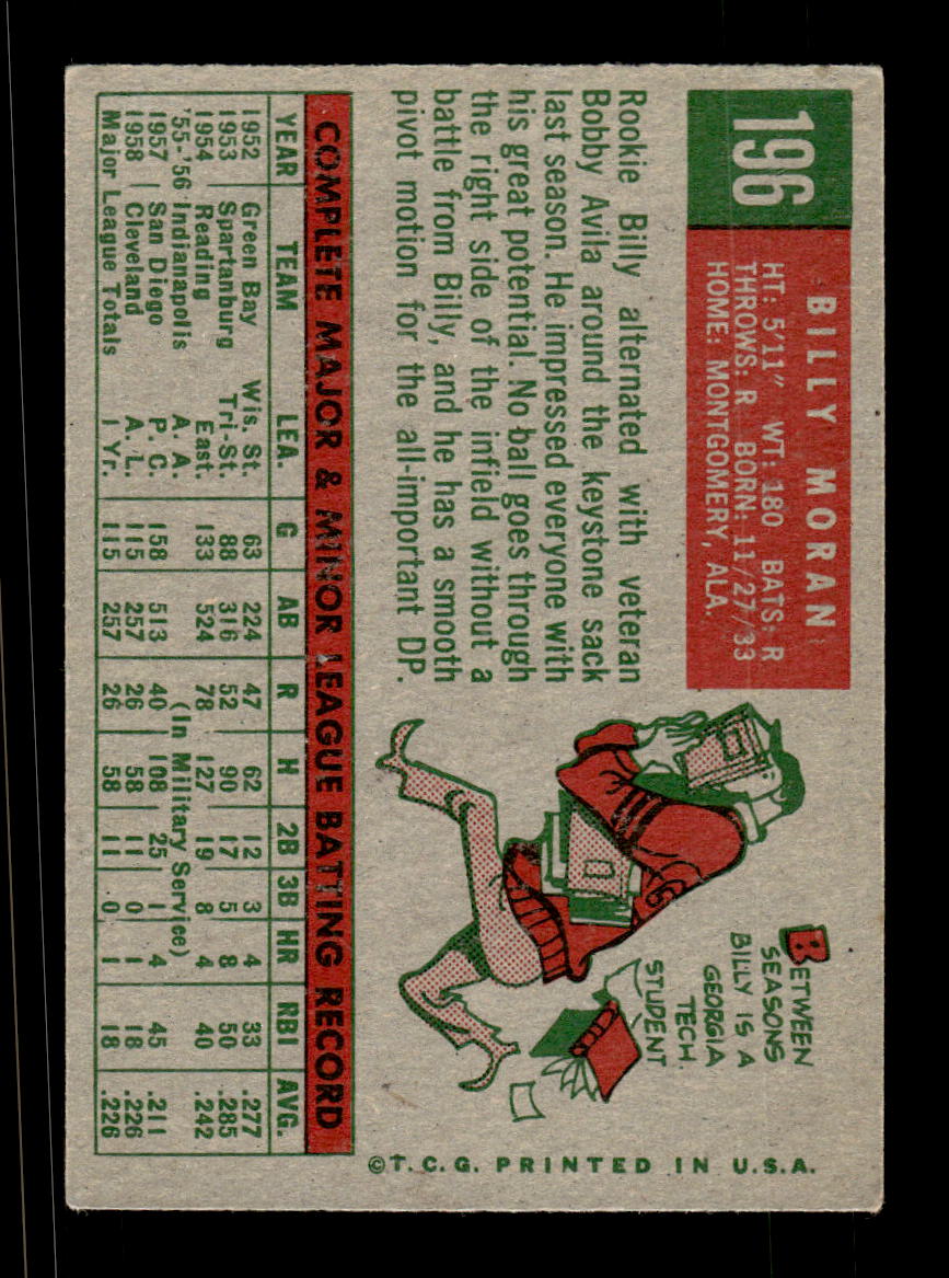 1959 Topps #196 Billy Moran Cleveland Indians EXMT KC10009237