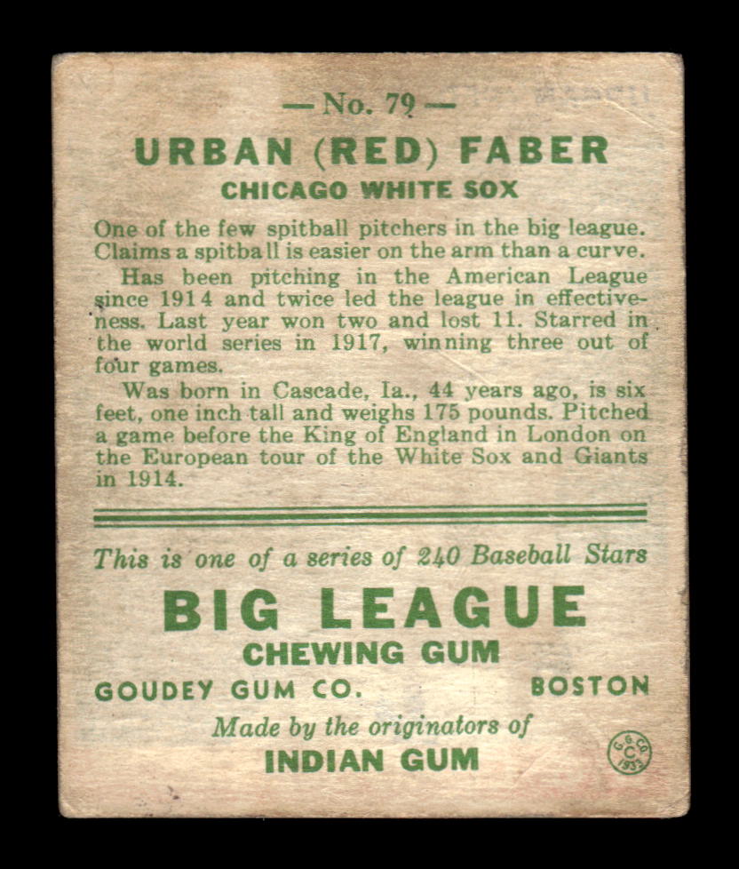 1933 Goudey (R319) #79 Urban “Red” Faber Chicago White Sox G/VG HOF10009244