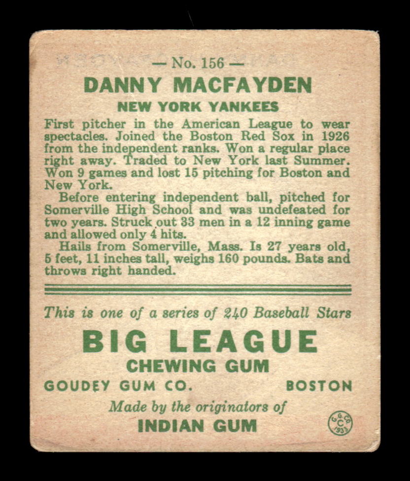 1933 Goudey (R319) #156 Danny MacFayden New York Yankees VG HOF10009246