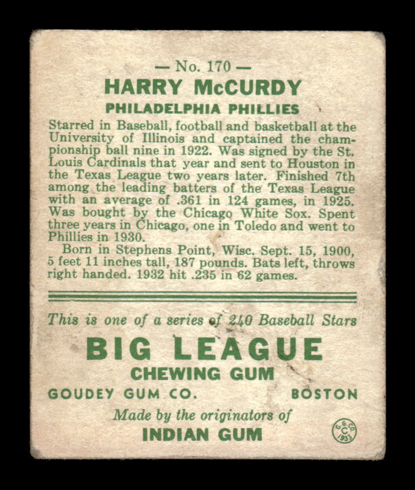 1933 Goudey (R319) #170 Harry McCurdy Philadelphia Phillies VG HOF10009247