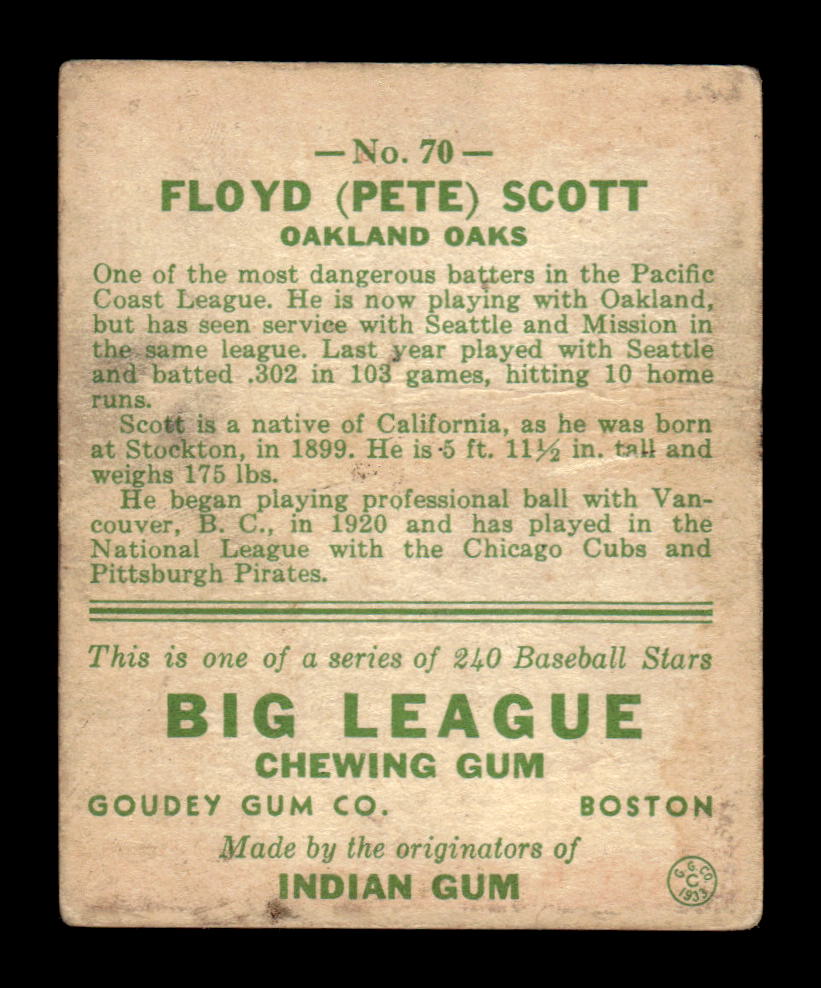 1933 Goudey (R319) #70 Floyd “Pete” Scott Oakland Oaks VG HOF10009248