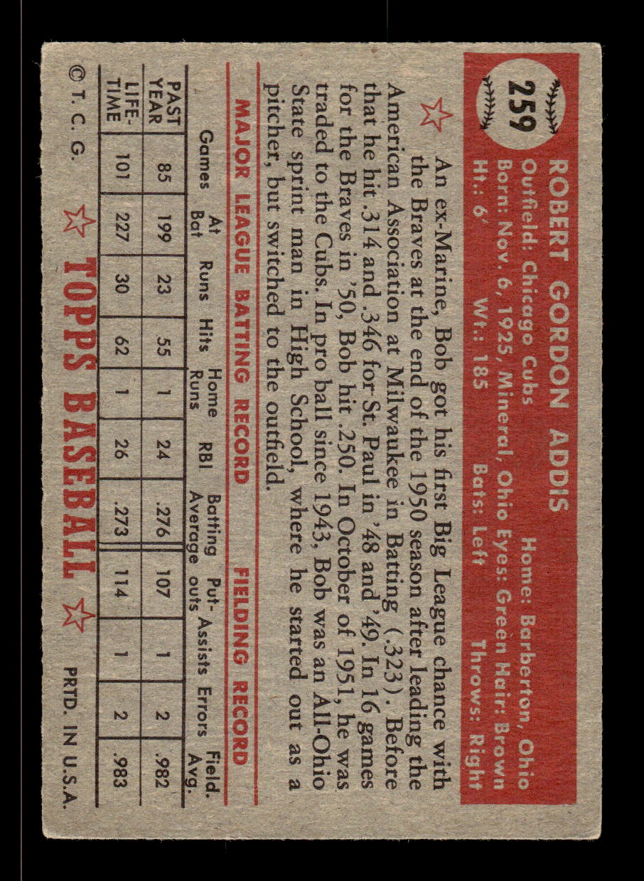 1952 Topps #259 Bob Addis Chicago Cubs VG HOF10009252