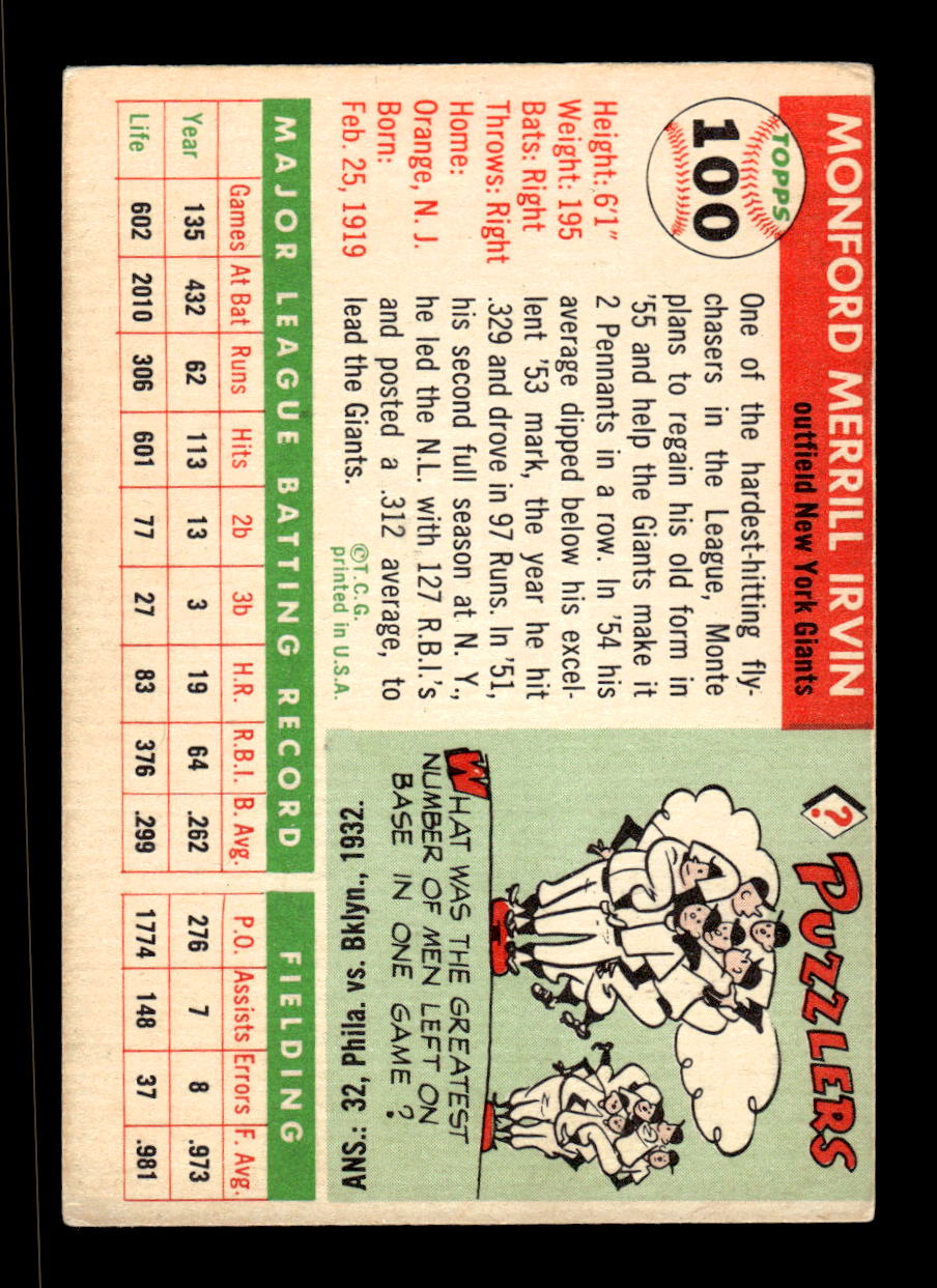 1955 Topps #100 Monte Irvin New York Giants G/VG HOF10009275