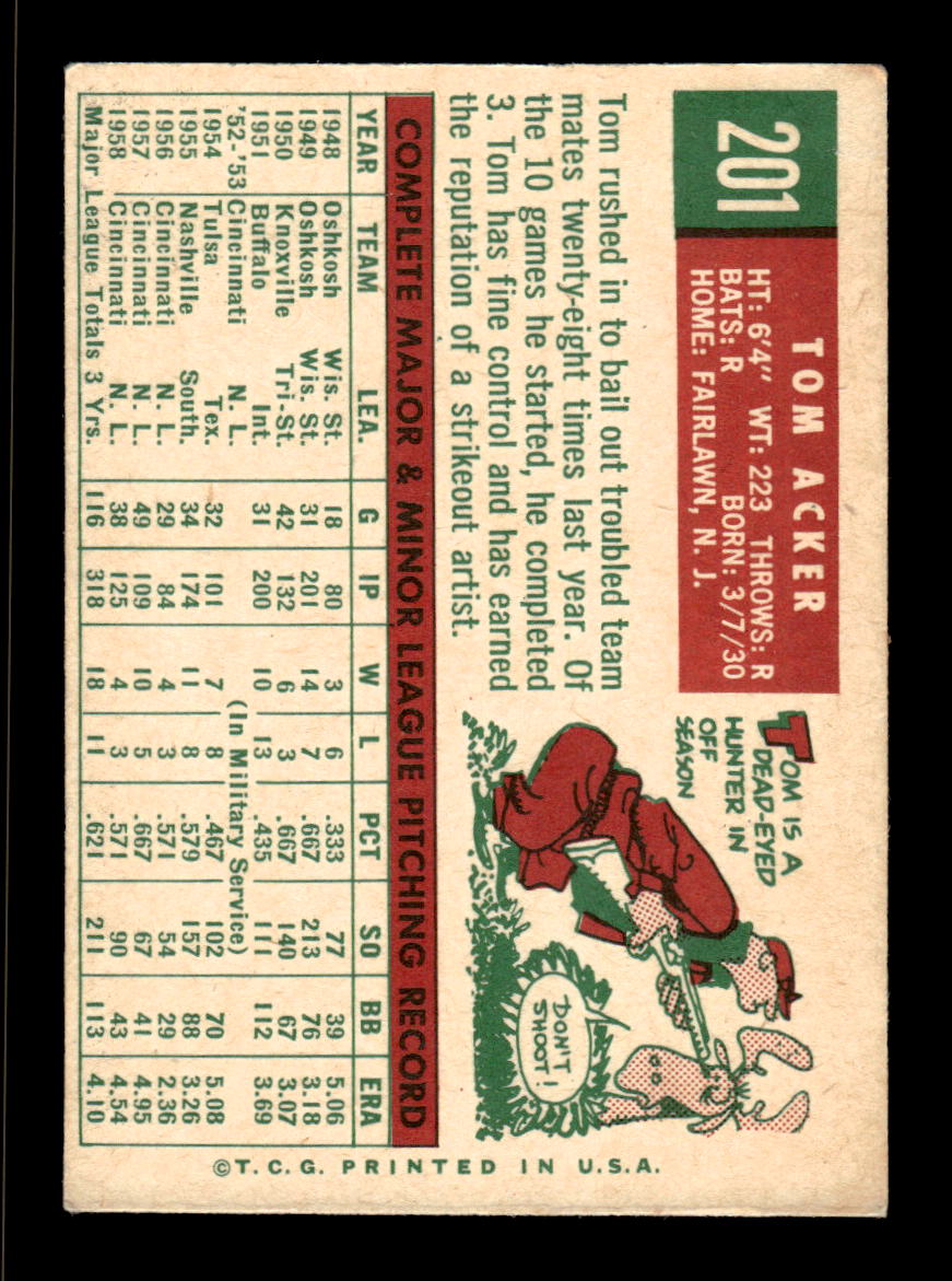 1959 Topps #201a Tom Acker Cincinnati Redlegs EX HOF10009278