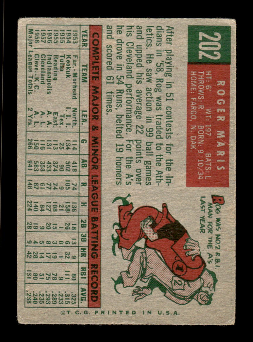 1959 Topps #202b Roger Maris Kansas City Athletics VGEX HOF10009279