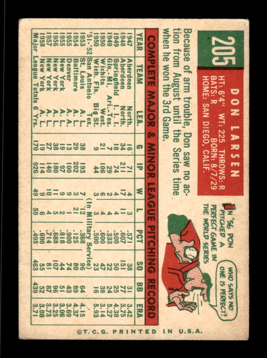 1959 Topps #205b Don Larsen New York Yankees EX HOF10009282