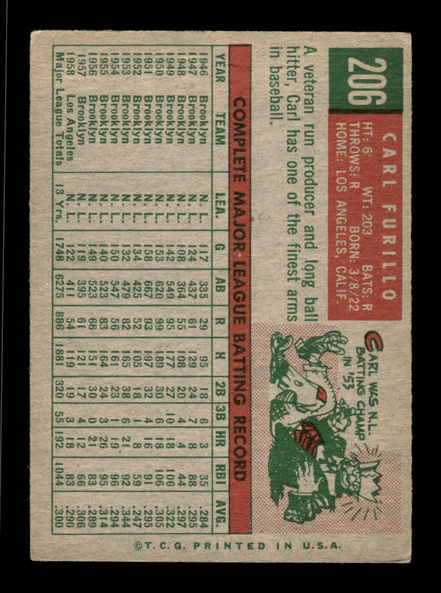 1959 Topps #206a Carl Furillo Los Angeles Dodgers EX HOF10009283