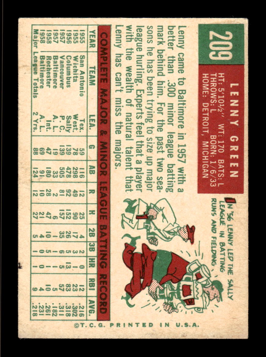 1959 Topps #209b Lenny Green Baltimore Orioles EX HOF10009286