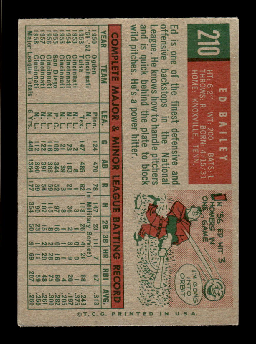 1959 Topps #210a Ed Bailey Cincinnati Redlegs EX HOF10009287