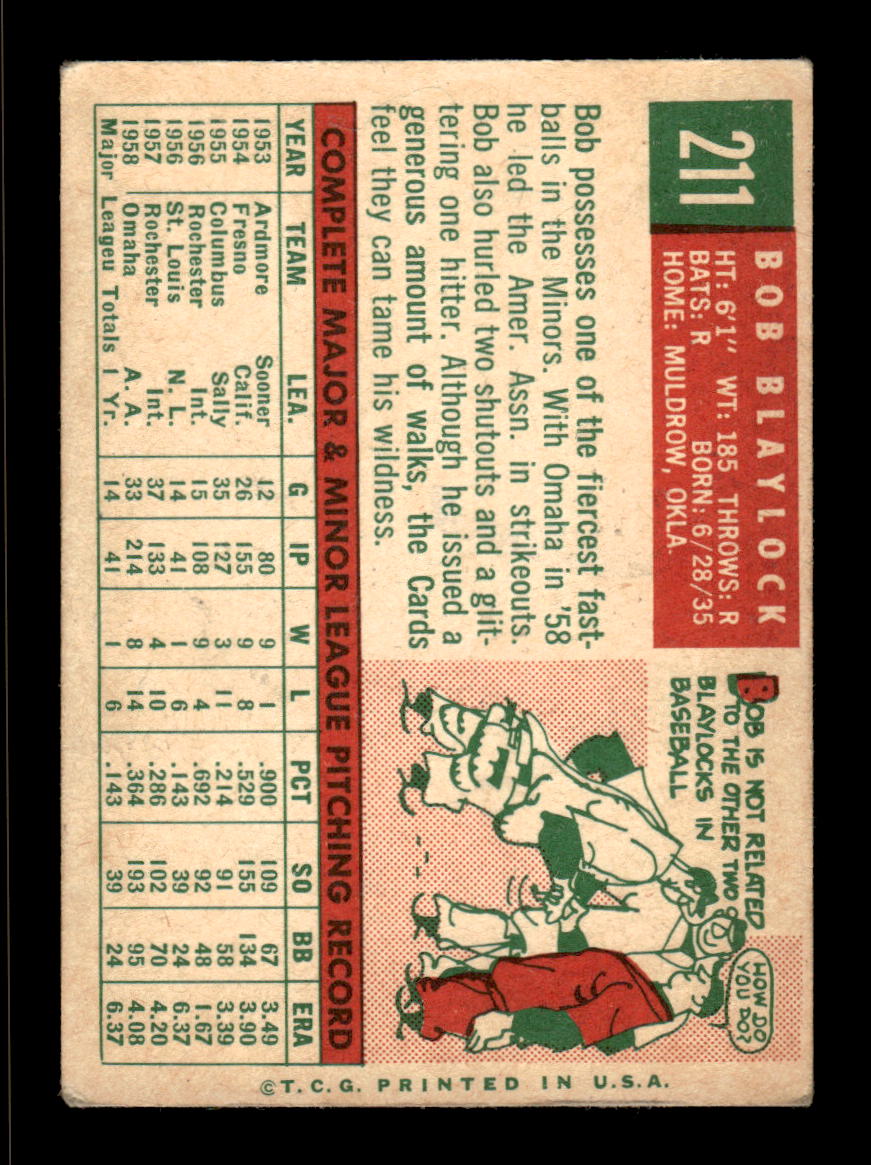 1959 Topps #211a Bob Blaylock St. Louis Cardinals EX HOF10009288
