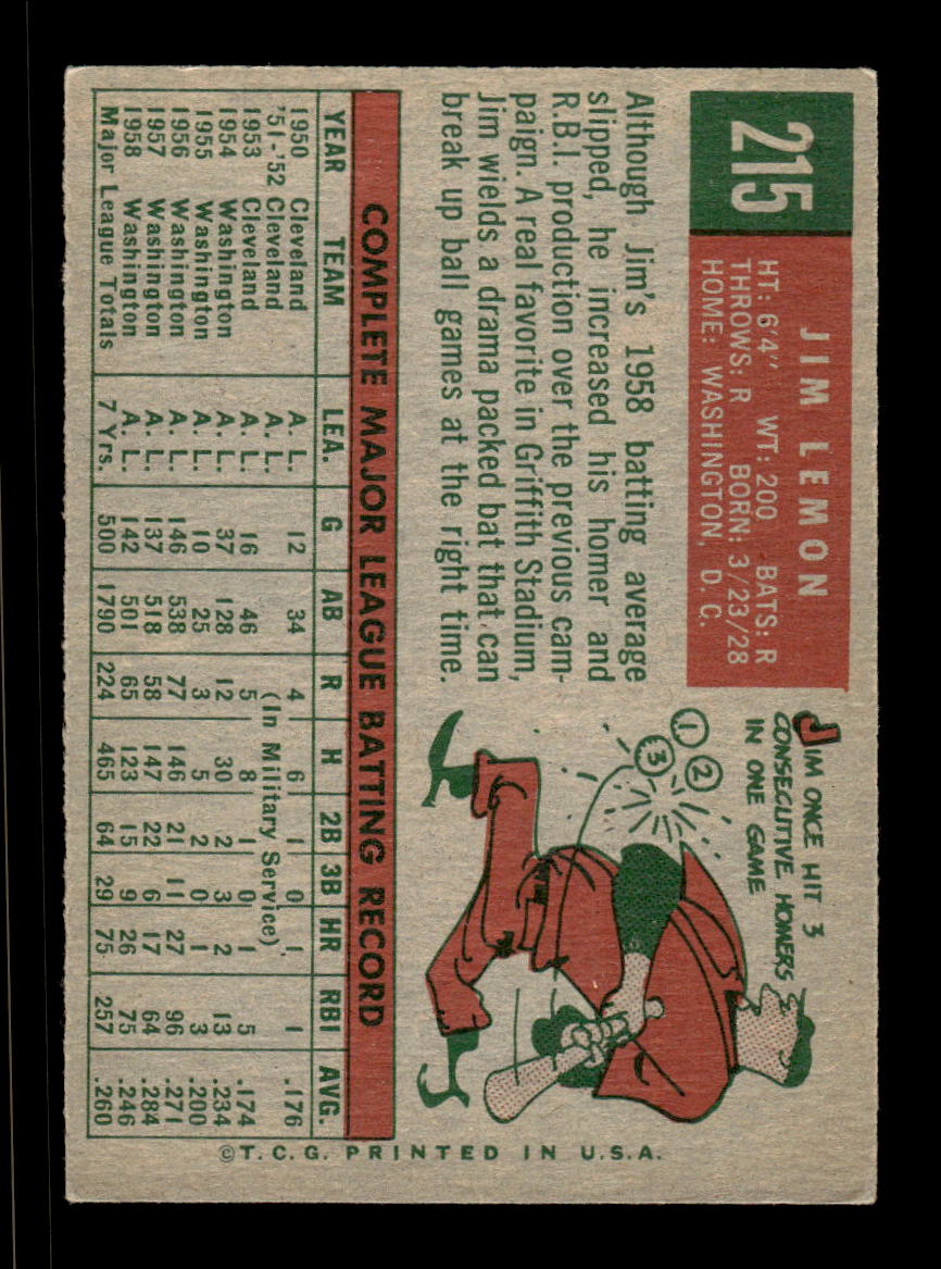 1959 Topps #215a Jim Lemon Washington Senators EX HOF10009291