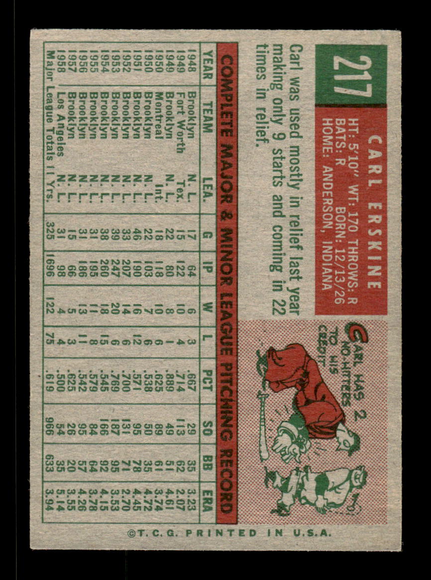 1959 Topps #217b Carl Erskine Los Angeles Dodgers EX HOF10009292