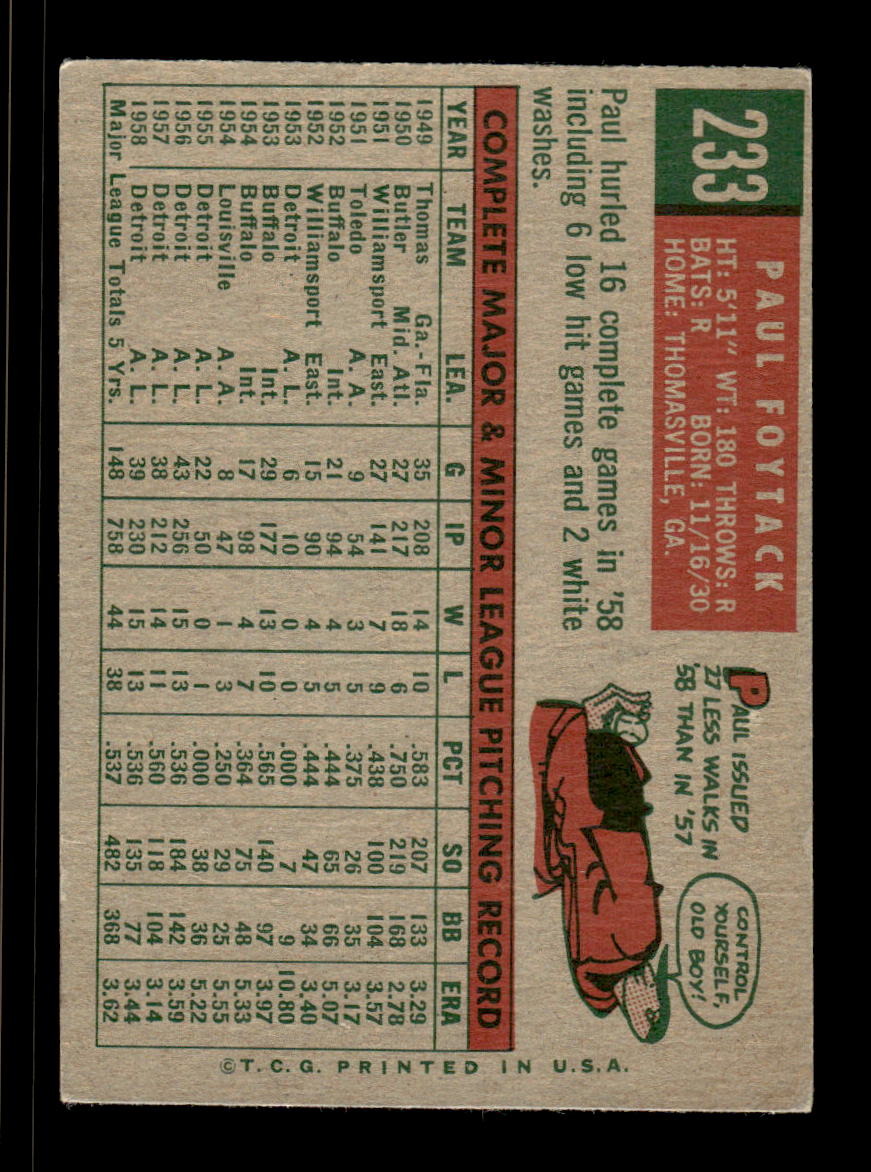 1959 Topps #233a Paul Foytack Detroit Tigers EX HOF10009307