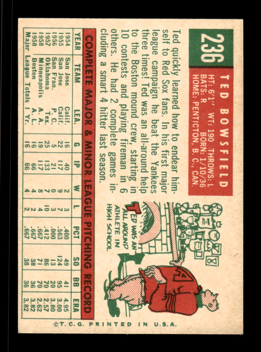 1959 Topps #236b Ted Bowsfield Boston Red Sox EXMT HOF10009310