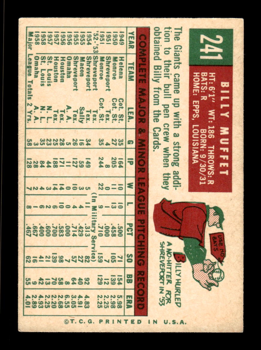 1959 Topps #241a Billy Muffett San Francisco Giants EX HOF10009315