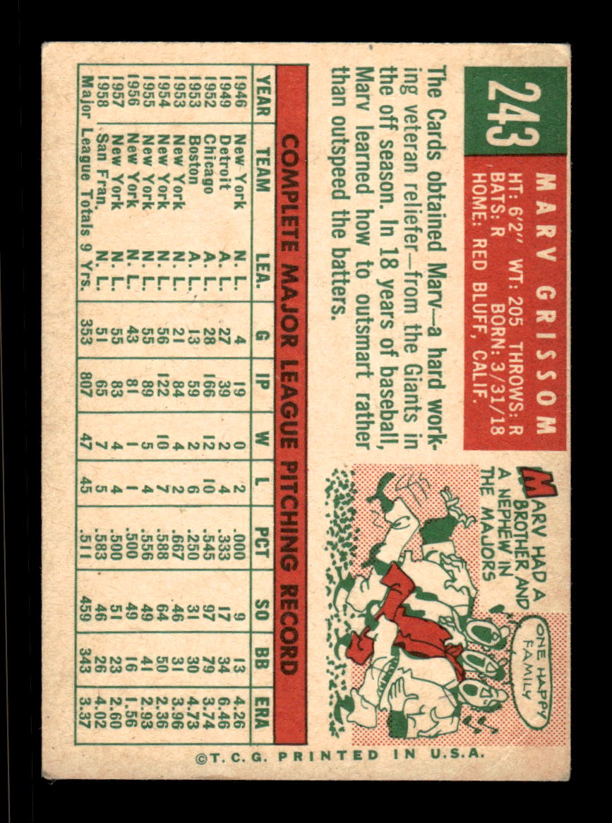 1959 Topps #243b Marv Grissom St. Louis Cardinals EX HOF10009317