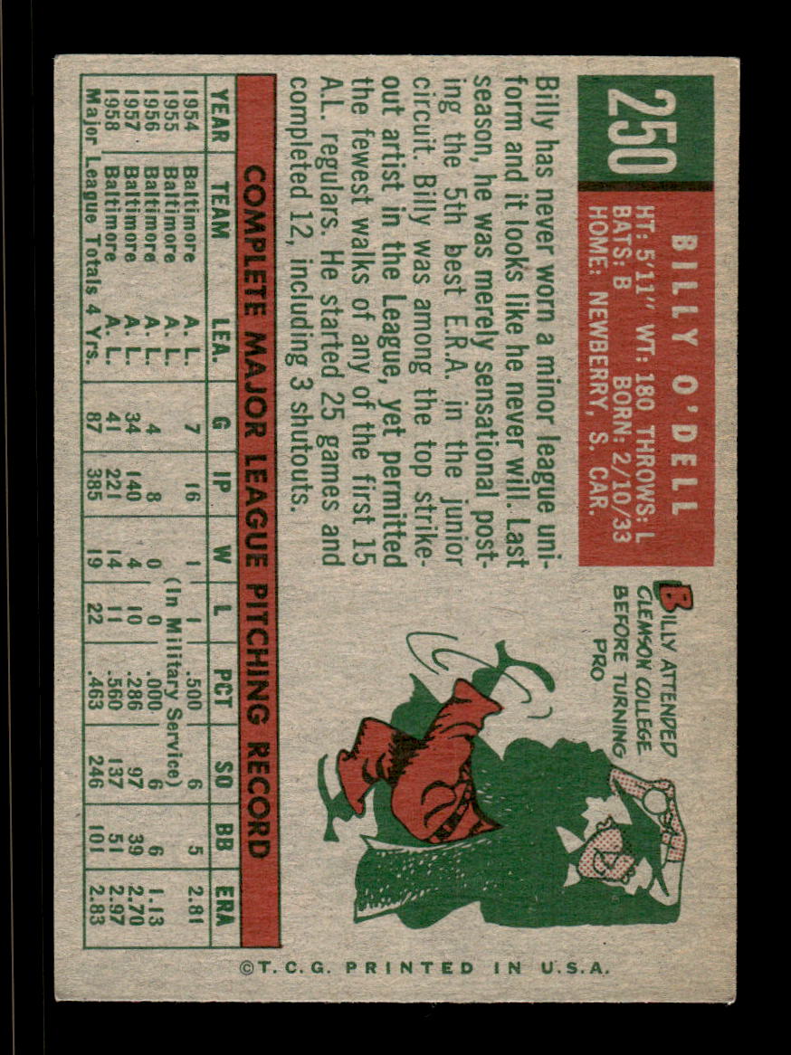 1959 Topps #250a Billy O'Dell Baltimore Orioles EXMT HOF10009324
