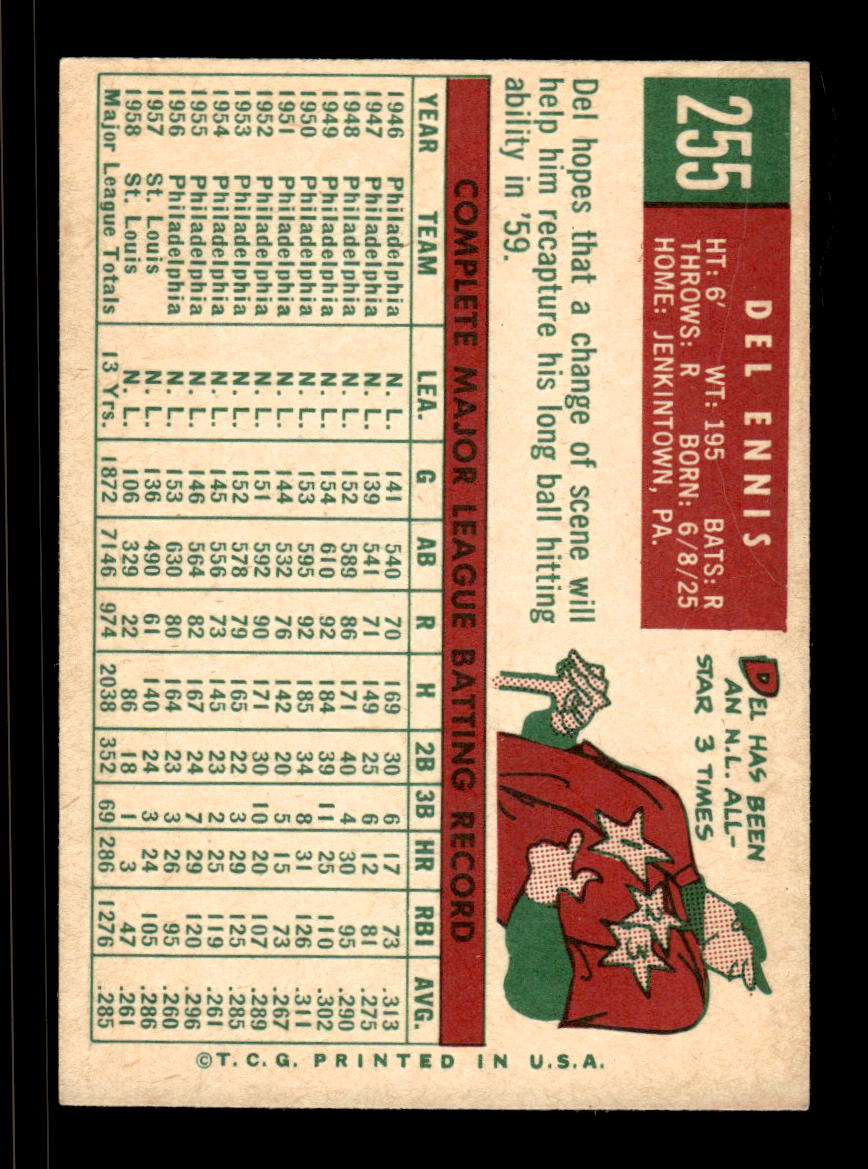1959 Topps #255a Del Ennis Cincinnati Redlegs EX HOF10009329
