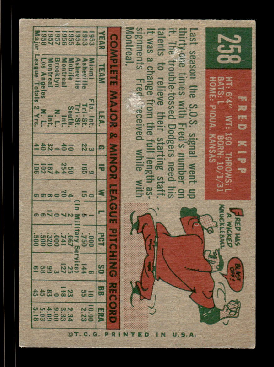 1959 Topps #258a Fred Kipp Los Angeles Dodgers EX HOF10009332