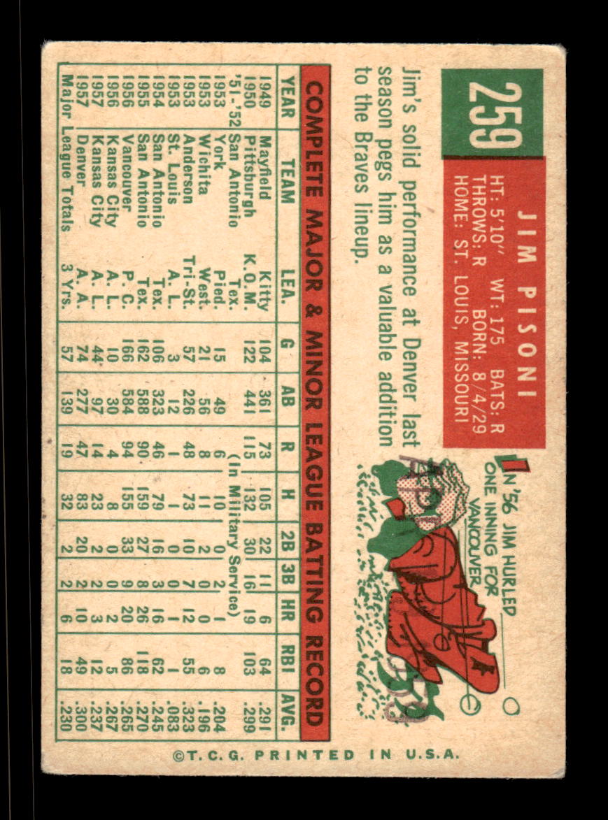 1959 Topps #259a Jim Pisoni Milwaukee Braves VGEX HOF10009333