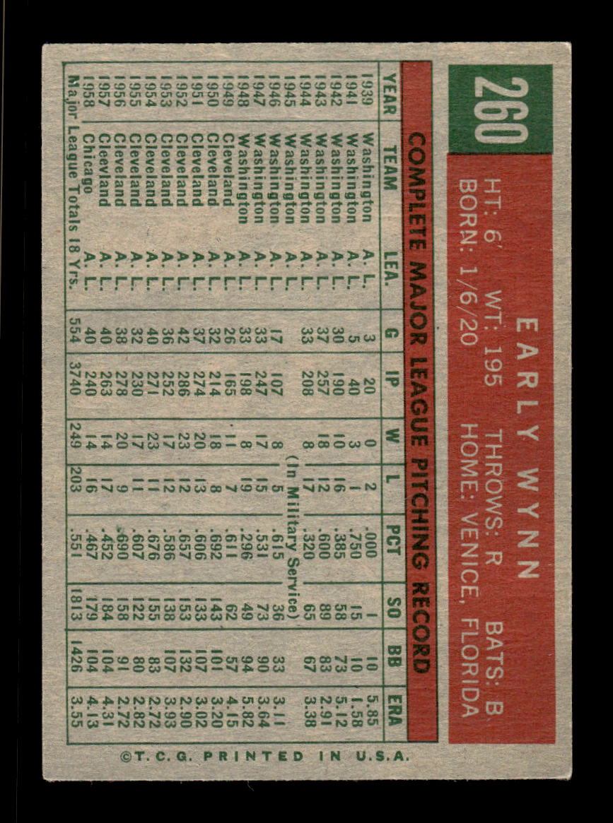 1959 Topps #260a Early Wynn Chicago White Sox EX HOF10009334