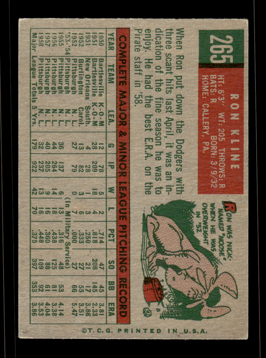 1959 Topps #265a Ron Kline Pittsburgh Pirates VG HOF10009339