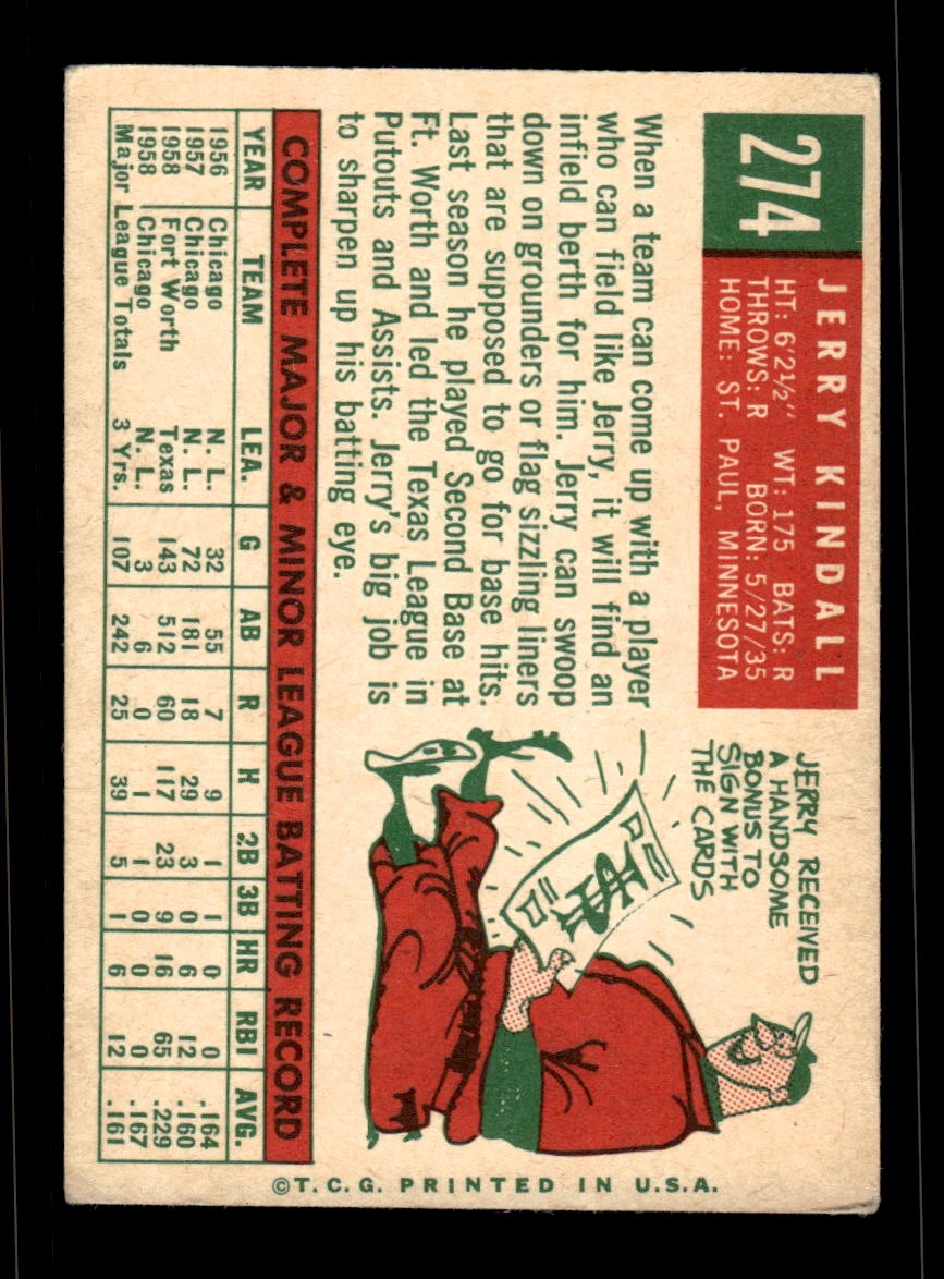 1959 Topps #274a Jerry Kindall Chicago Cubs EX HOF10009348