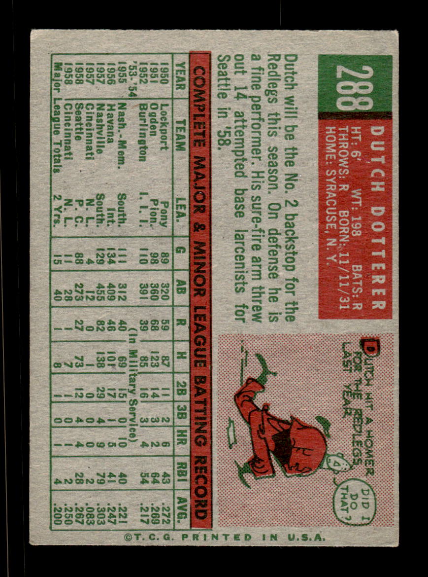 1959 Topps #288 Dutch Dotterer Cincinnati Redlegs EX HOF10009361