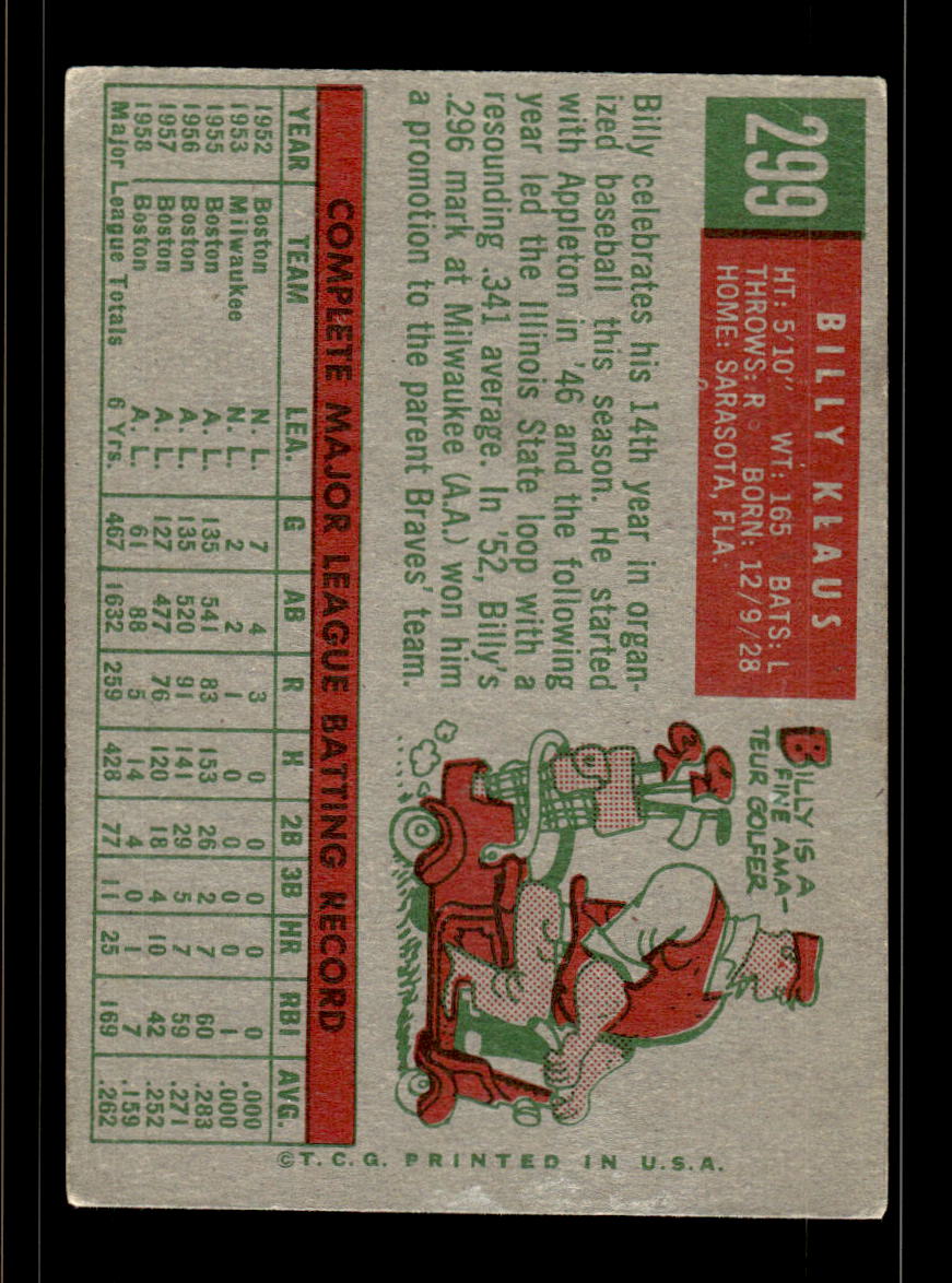 1959 Topps #299 Billy Klaus Baltimore Orioles VG HOF10009370
