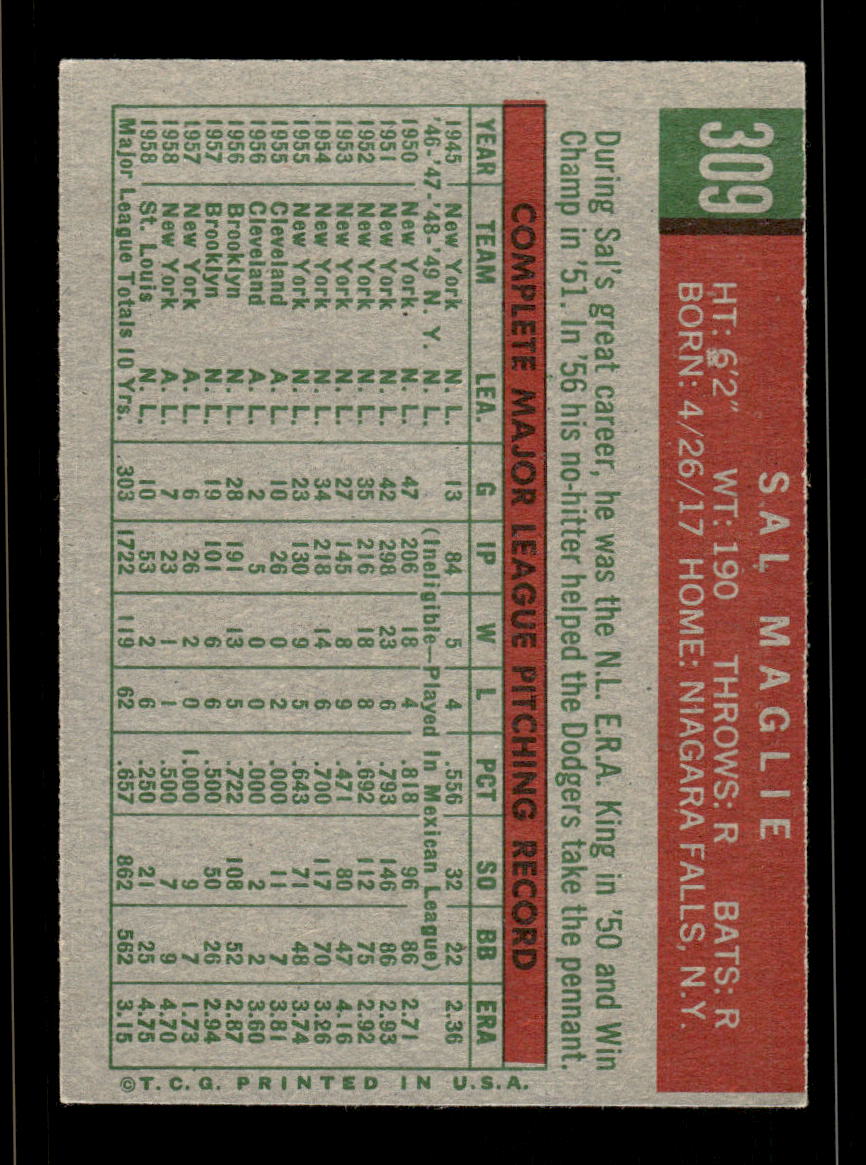 1959 Topps #309 Sal Maglie St. Louis Cardinals EX HOF10009379
