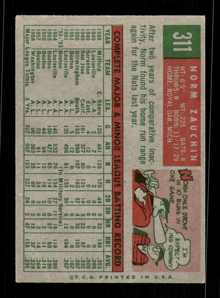 1959 Topps #311 Norm Zauchin Washington Senators VG HOF10009380